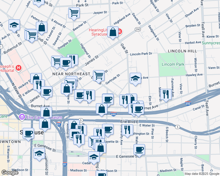map of restaurants, bars, coffee shops, grocery stores, and more near 106 Fountain Street in Syracuse