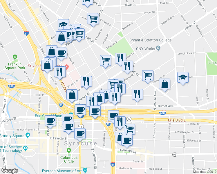 map of restaurants, bars, coffee shops, grocery stores, and more near 650 James Street in Syracuse