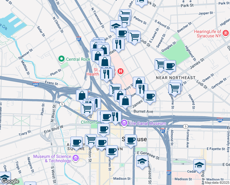 map of restaurants, bars, coffee shops, grocery stores, and more near 413 North State Street in Syracuse