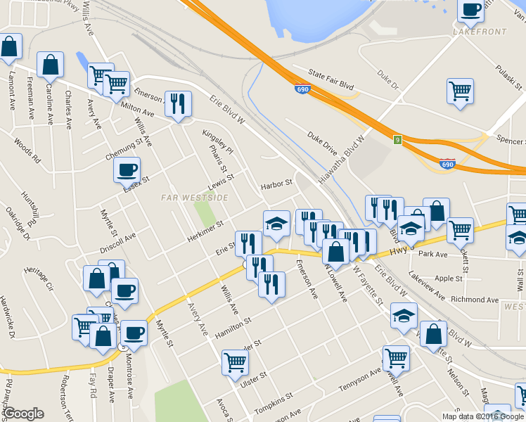 map of restaurants, bars, coffee shops, grocery stores, and more near 124 Williams Street in Syracuse
