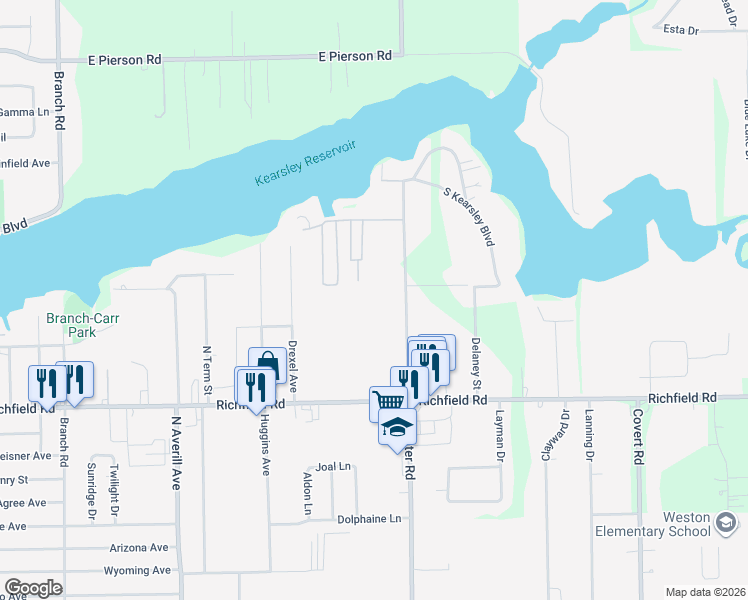 map of restaurants, bars, coffee shops, grocery stores, and more near 3257 Center Road in Flint