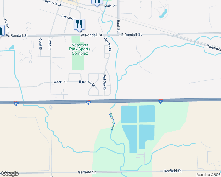 map of restaurants, bars, coffee shops, grocery stores, and more near 261 Red Oak Drive in Coopersville