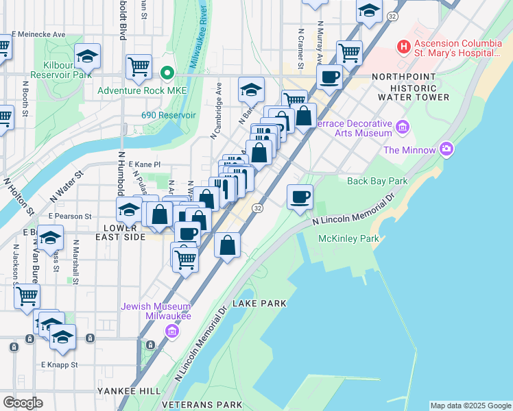 map of restaurants, bars, coffee shops, grocery stores, and more near in Milwaukee