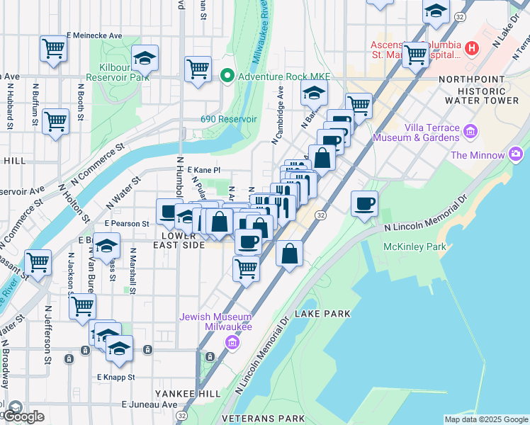map of restaurants, bars, coffee shops, grocery stores, and more near 1809 North Oakland Avenue in Milwaukee