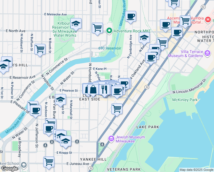 map of restaurants, bars, coffee shops, grocery stores, and more near 1803-1805 North Arlington Place in Milwaukee