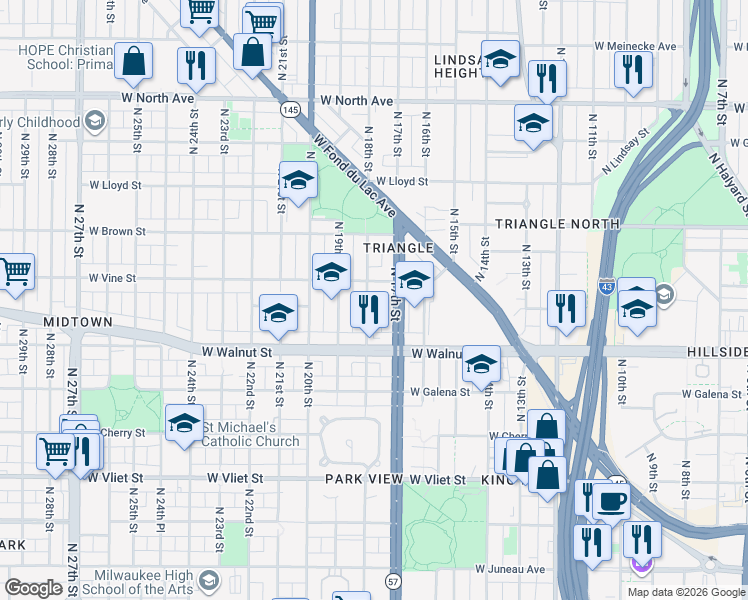 map of restaurants, bars, coffee shops, grocery stores, and more near 1713-1715 West Vine Street in Milwaukee
