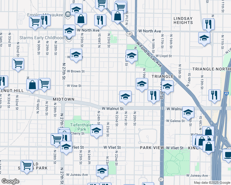 map of restaurants, bars, coffee shops, grocery stores, and more near 1825 North 22nd Street in Milwaukee