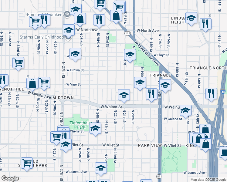 map of restaurants, bars, coffee shops, grocery stores, and more near 1825 North 22nd Street in Milwaukee