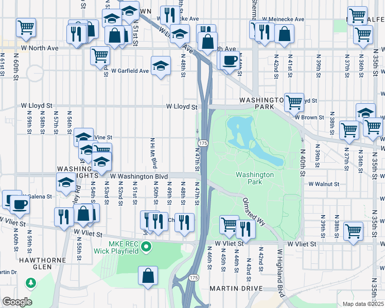 map of restaurants, bars, coffee shops, grocery stores, and more near 1808 North 48th Street in Milwaukee
