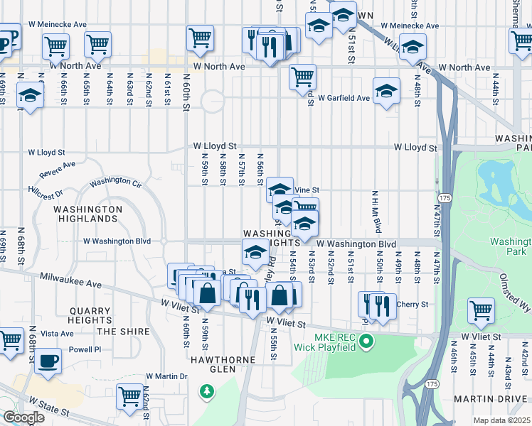 map of restaurants, bars, coffee shops, grocery stores, and more near 1810 North 56th Street in Milwaukee