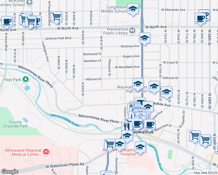 map of restaurants, bars, coffee shops, grocery stores, and more near 8000 Warren Avenue in Wauwatosa