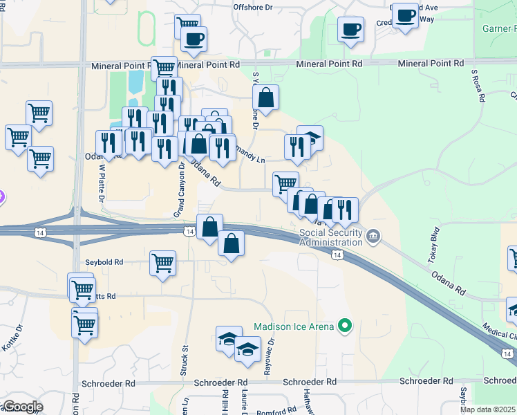 map of restaurants, bars, coffee shops, grocery stores, and more near 6501 Odana Road in Madison