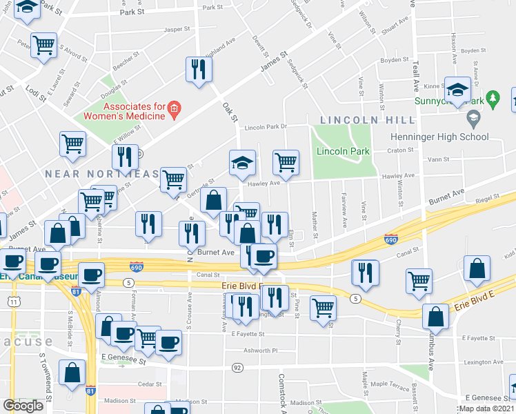 map of restaurants, bars, coffee shops, grocery stores, and more near 710 Hawley Avenue in Syracuse