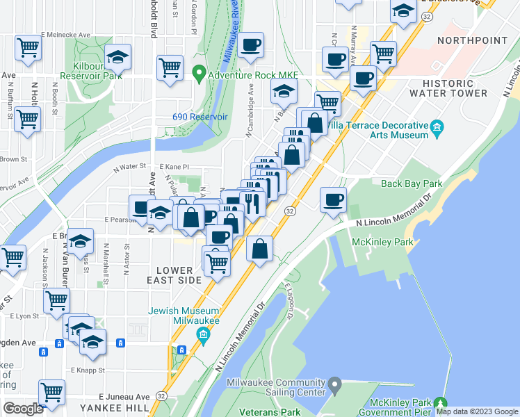 map of restaurants, bars, coffee shops, grocery stores, and more near 1819 North Farwell Avenue in Milwaukee