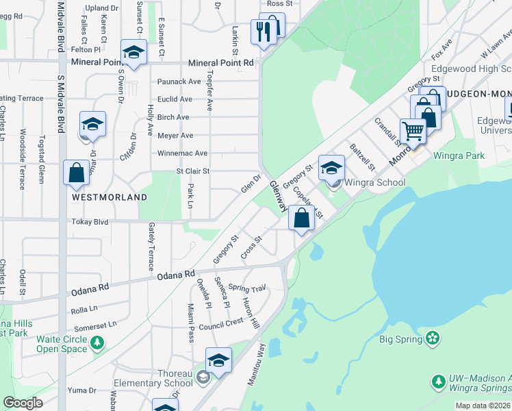 map of restaurants, bars, coffee shops, grocery stores, and more near 3506 Gregory Street in Madison