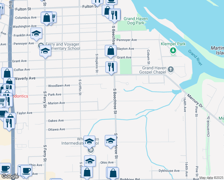 map of restaurants, bars, coffee shops, grocery stores, and more near 715 South Beechtree Street in Grand Haven