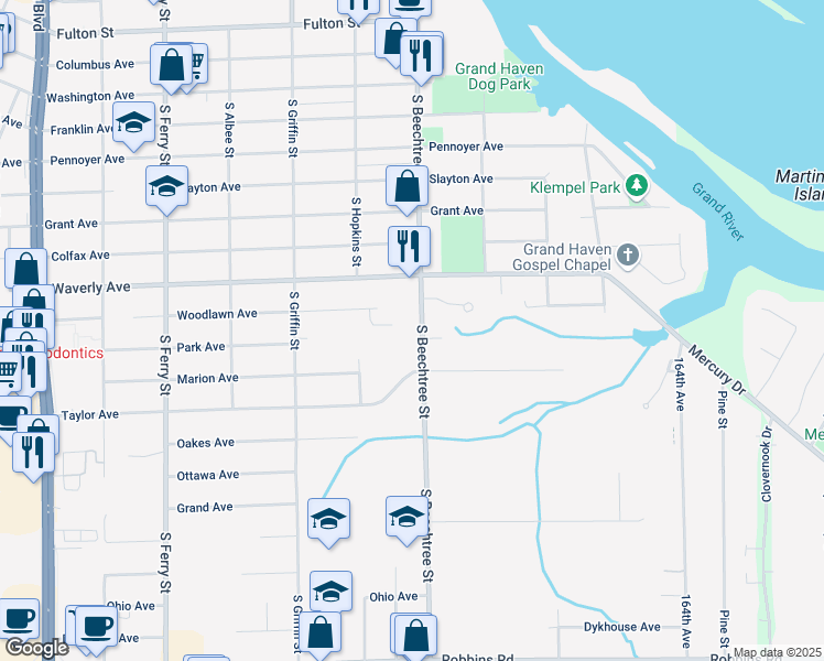 map of restaurants, bars, coffee shops, grocery stores, and more near 715 South Beechtree Street in Grand Haven