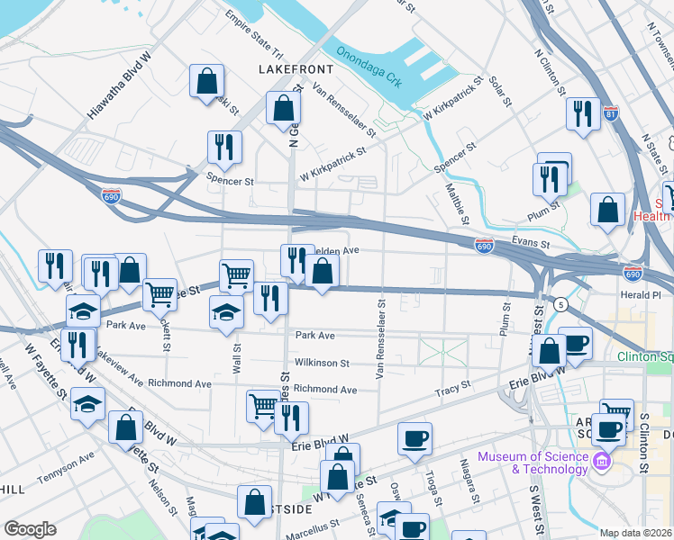 map of restaurants, bars, coffee shops, grocery stores, and more near 1019-21 West Belden Avenue in Syracuse