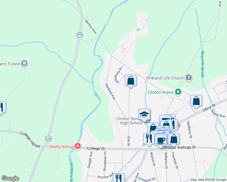 map of restaurants, bars, coffee shops, grocery stores, and more near 12 University Circle in Clinton
