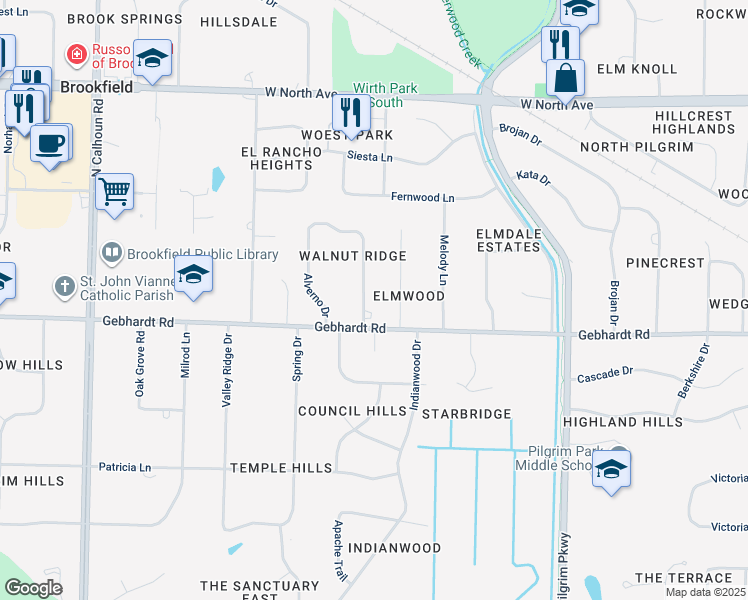 map of restaurants, bars, coffee shops, grocery stores, and more near 1800 Churchview Drive in Brookfield