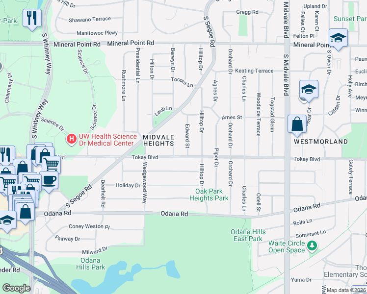 map of restaurants, bars, coffee shops, grocery stores, and more near 530 Edward Street in Madison
