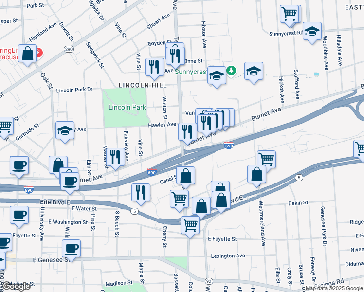map of restaurants, bars, coffee shops, grocery stores, and more near Teall Ave & Burnet Ave in Syracuse