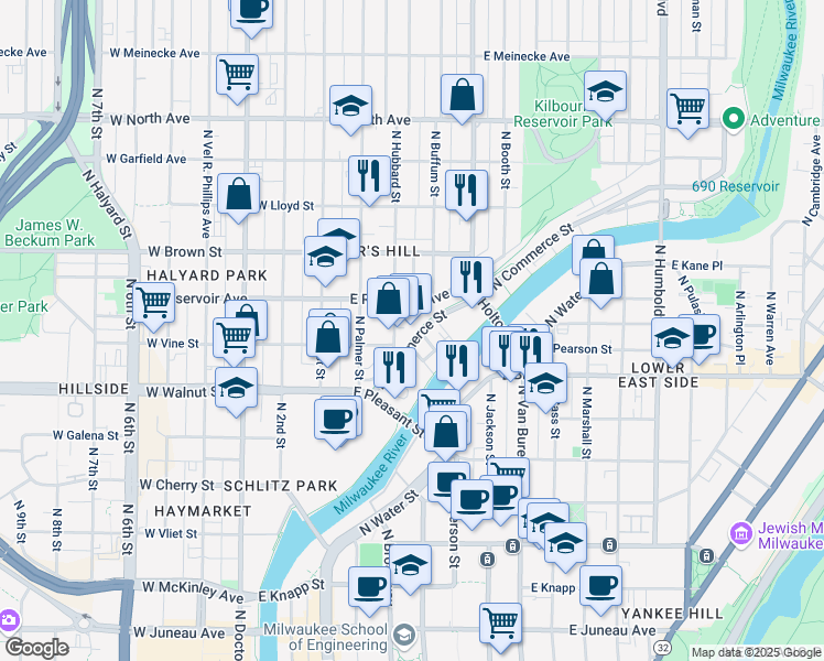 map of restaurants, bars, coffee shops, grocery stores, and more near 1809 North Commerce Street in Milwaukee