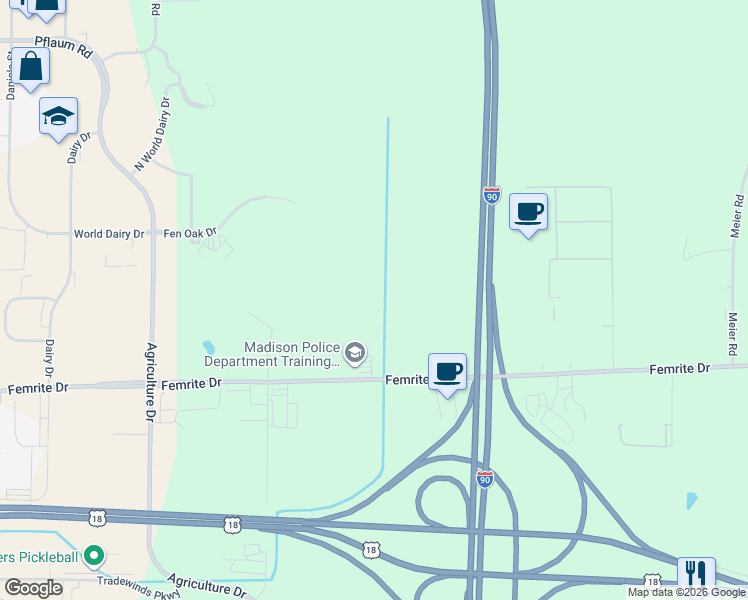map of restaurants, bars, coffee shops, grocery stores, and more near 5718 Femrite Drive in Madison