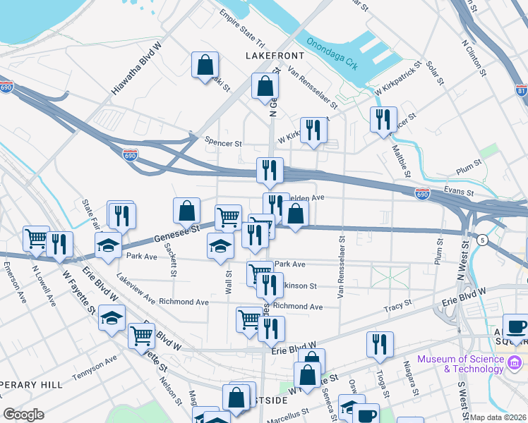 map of restaurants, bars, coffee shops, grocery stores, and more near 517 North Geddes Street in Syracuse