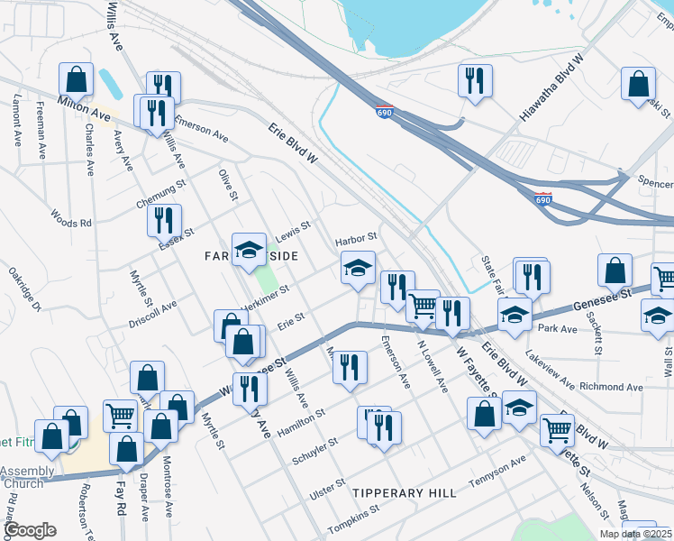 map of restaurants, bars, coffee shops, grocery stores, and more near 103 Herkimer Street in Syracuse