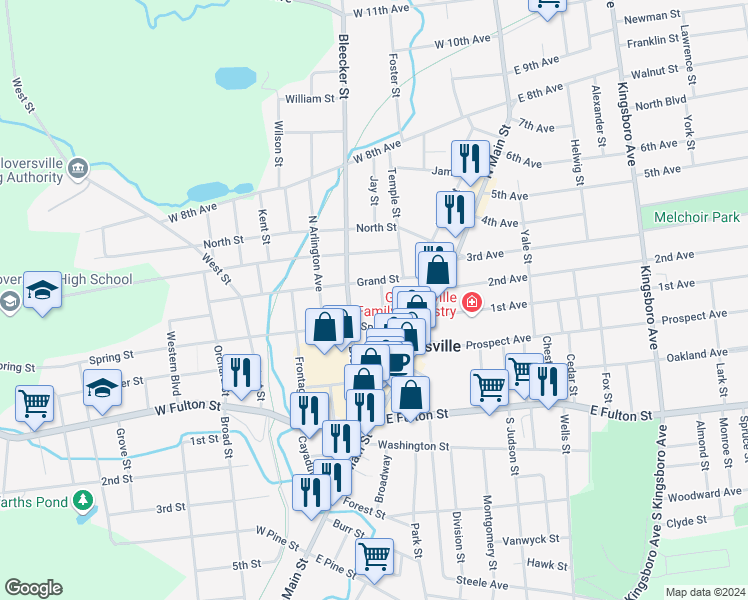 map of restaurants, bars, coffee shops, grocery stores, and more near 45 Grand Street in Gloversville