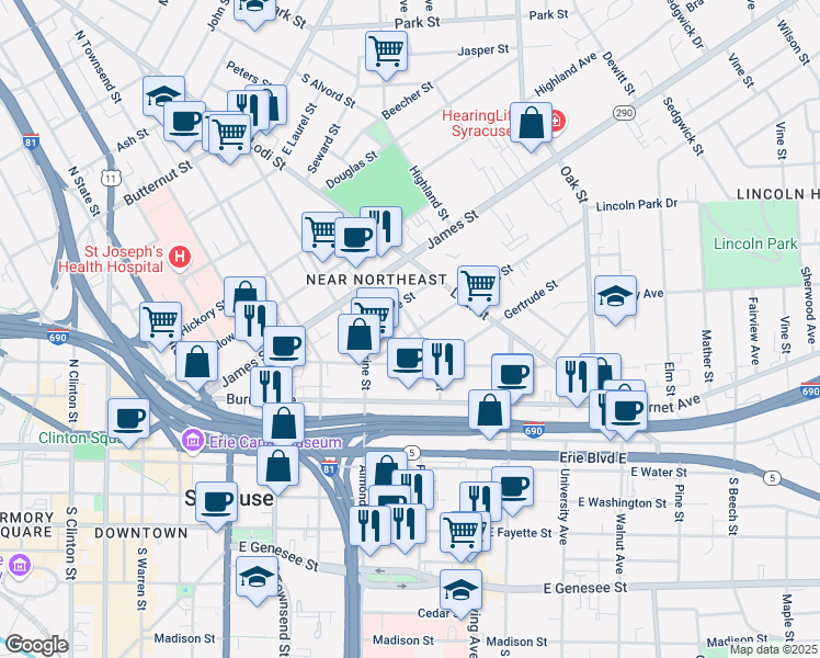 map of restaurants, bars, coffee shops, grocery stores, and more near 201 Green Street in Syracuse