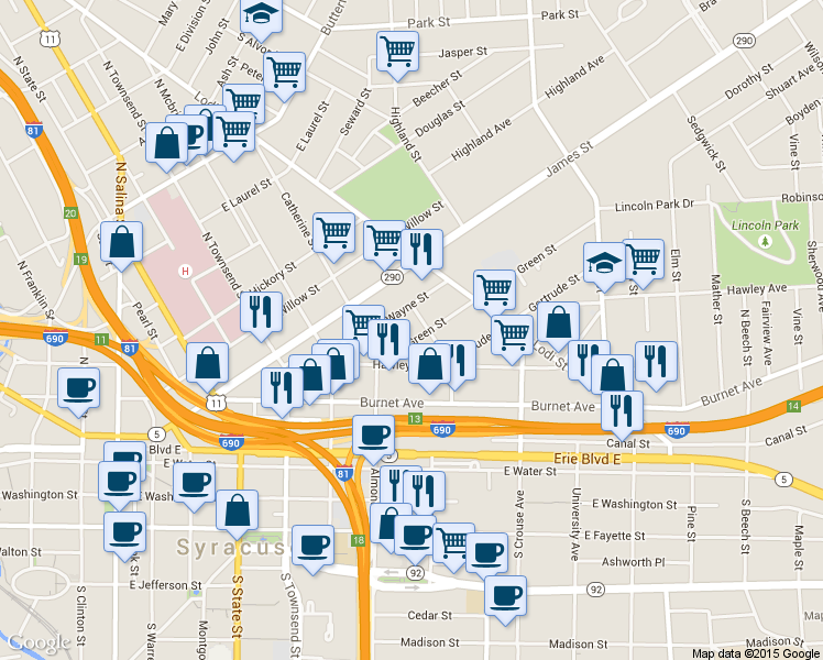 map of restaurants, bars, coffee shops, grocery stores, and more near 201 Green Street in Syracuse