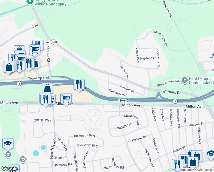 map of restaurants, bars, coffee shops, grocery stores, and more near 201 Oakley Road in Syracuse