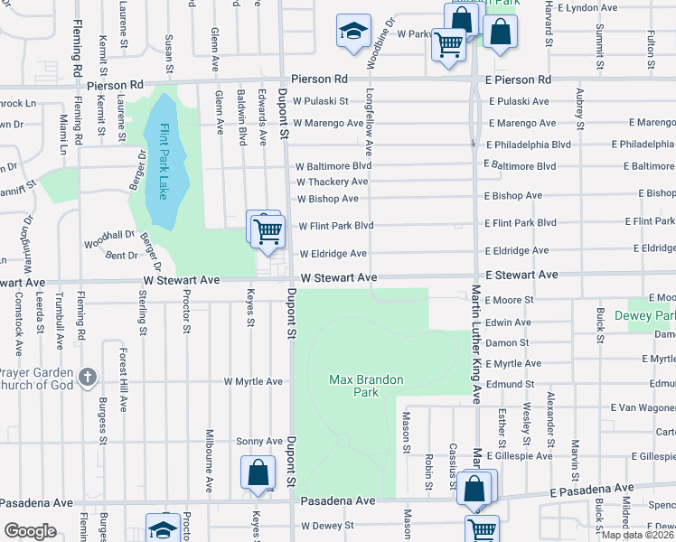 map of restaurants, bars, coffee shops, grocery stores, and more near 610 West Stewart Avenue in Flint