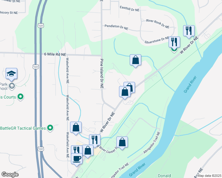 map of restaurants, bars, coffee shops, grocery stores, and more near 5014 Pine Island Drive Northeast in Comstock Park