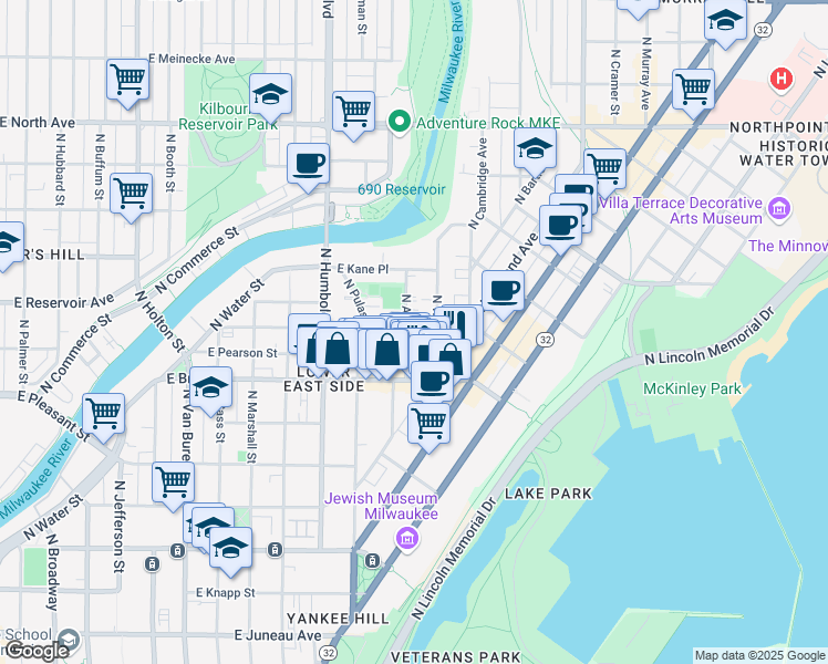 map of restaurants, bars, coffee shops, grocery stores, and more near 1805 North Warren Avenue in Milwaukee