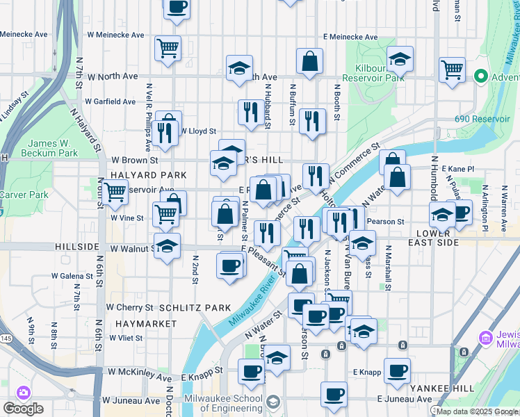 map of restaurants, bars, coffee shops, grocery stores, and more near 1823 North Hubbard Street in Milwaukee