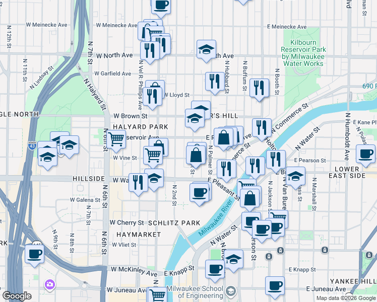 map of restaurants, bars, coffee shops, grocery stores, and more near 1830 North 2nd Street in Milwaukee