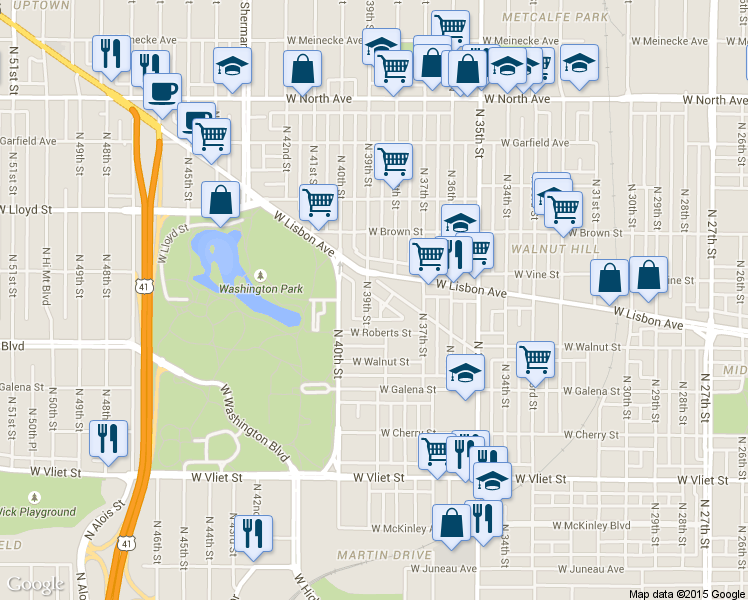 map of restaurants, bars, coffee shops, grocery stores, and more near 3801 West Sarnow Street in Milwaukee