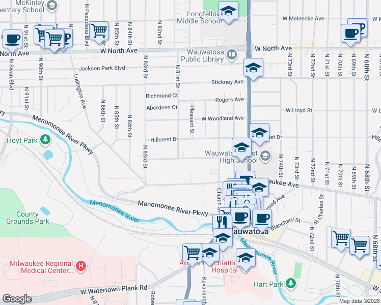 map of restaurants, bars, coffee shops, grocery stores, and more near 8000 Warren Avenue in Wauwatosa