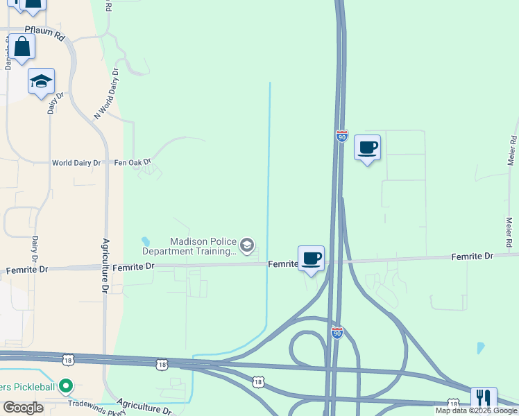 map of restaurants, bars, coffee shops, grocery stores, and more near 5718 Femrite Drive in Madison