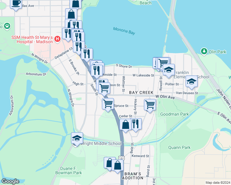 map of restaurants, bars, coffee shops, grocery stores, and more near 806 West Olin Avenue in Madison