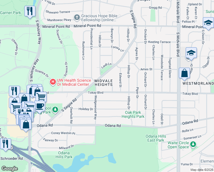 map of restaurants, bars, coffee shops, grocery stores, and more near 4906 Eyre Lane in Madison
