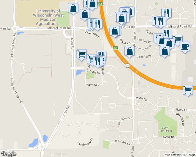 map of restaurants, bars, coffee shops, grocery stores, and more near 505 Commerce Drive in Madison