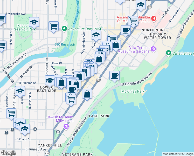 map of restaurants, bars, coffee shops, grocery stores, and more near 1841 North Prospect Avenue in Milwaukee