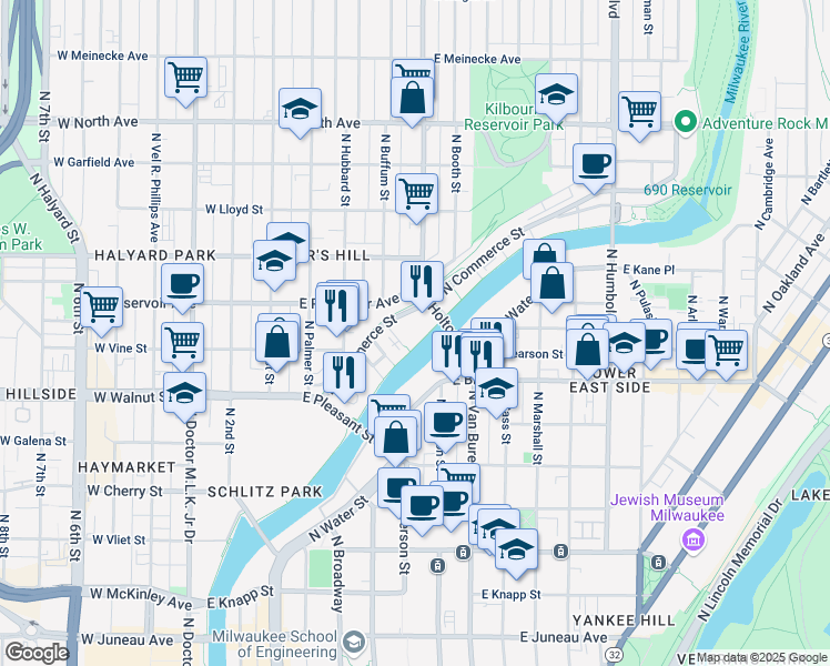 map of restaurants, bars, coffee shops, grocery stores, and more near 1858 North Commerce Street in Milwaukee