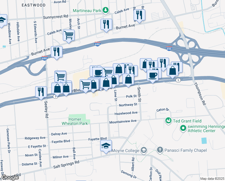 map of restaurants, bars, coffee shops, grocery stores, and more near 2780 Erie Boulevard East in Syracuse