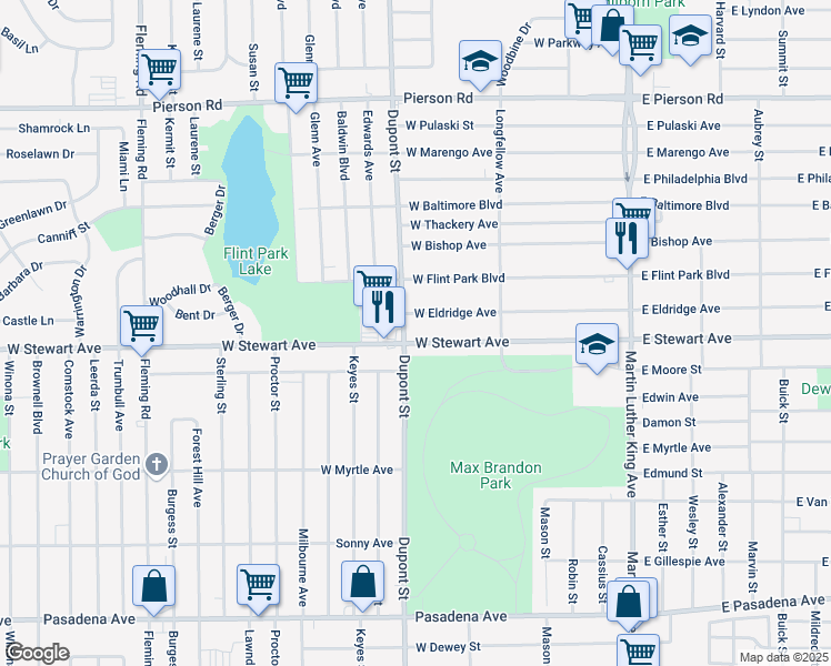 map of restaurants, bars, coffee shops, grocery stores, and more near in Flint