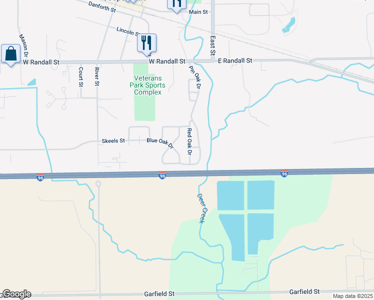 map of restaurants, bars, coffee shops, grocery stores, and more near 285 Red Oak Drive in Coopersville